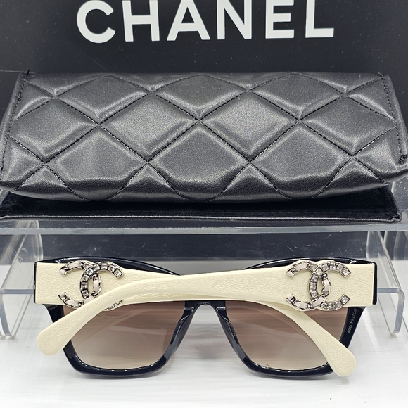 CHANEL CREAM AND BLACK SUNGLASSES CRYSTAL 5456QA C501S5 - Picture 11 of 12